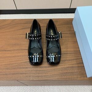 Prada Black Patent Leather Heels with Studded Straps